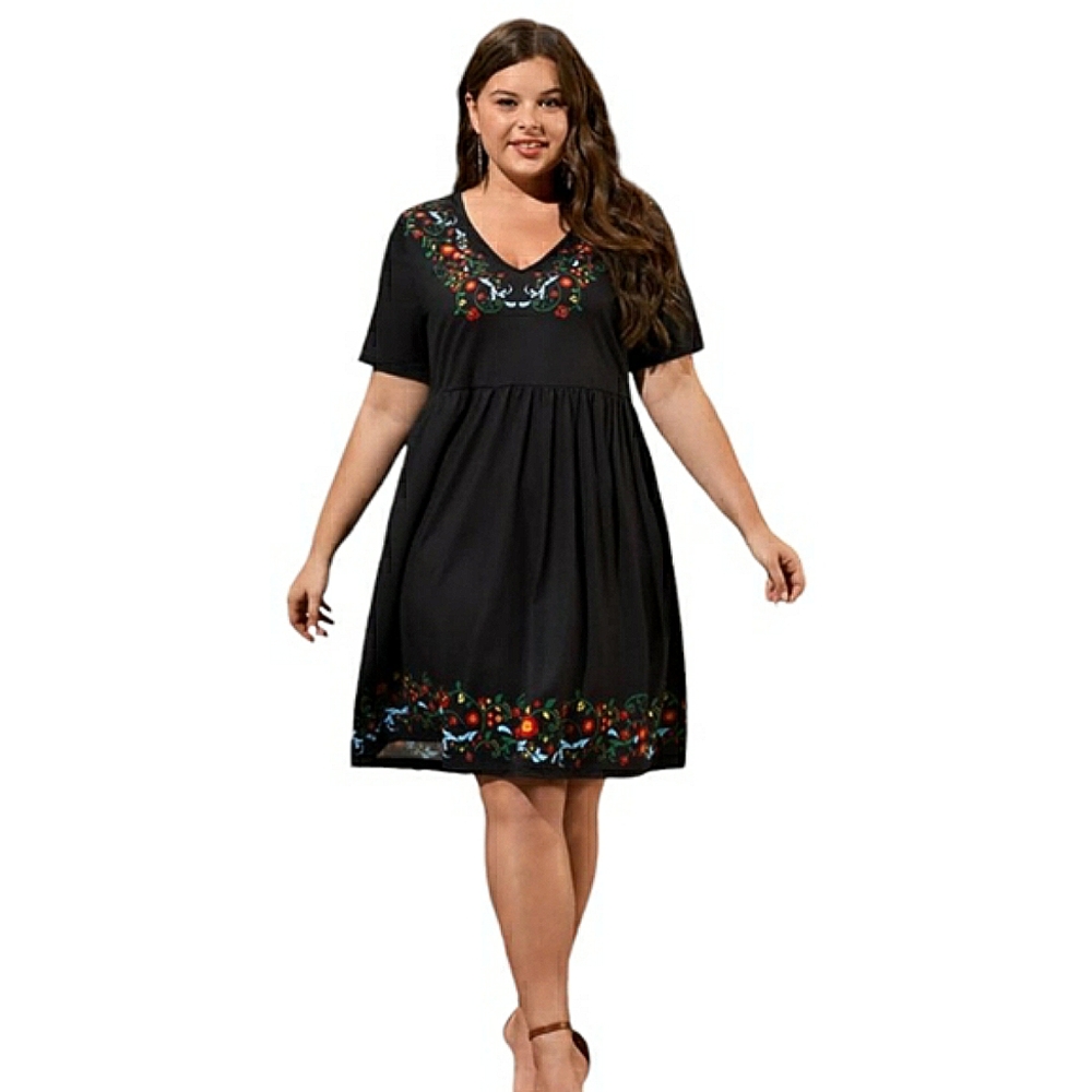 Emery Rose Boho Floral Trim Stretchy Knee-Length Black Flowy A-Line Dress 2XL